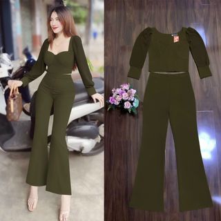 Set nguyên bộ quần dài ống loe áo lửng tay dài phối voan xinh xắn