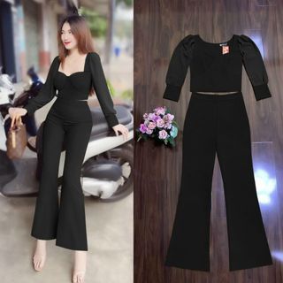 Set nguyên bộ quần dài ống loe áo lửng tay dài phối voan xinh xắn