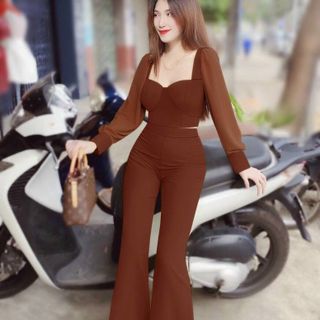 Set nguyên bộ quần dài ống loe áo lửng tay dài phối voan xinh xắn