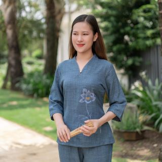 Đồ Lam Đi Chùa Nữ, Mẫu Áo Cổ V Thêu Hoa Sen Sang Trọng, Vải Đũi Vân Mây Cao Cấp - 719D