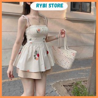 Set đồ nữ áo 2 dây hoa nhún ngực xòe kèm quần short siêu hot