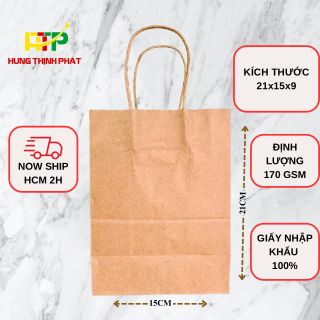 Túi giấy kraft nâu trơn có quai size 21x15x9, chất giấy dày dặn định lượng 170 gsm, đựng quần áo, mỹ phẩm