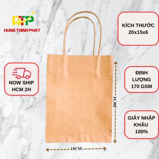 Túi giấy kraft nâu trơn size 20x15x6, chất giấy dày dặn định lượng 170 gsm, quai giấy chắc chắn, đựng quà, mỹ phẩm