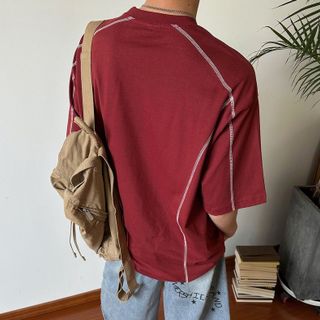 Áo thun tay lỡ form rộng thêu chữ viền chỉ