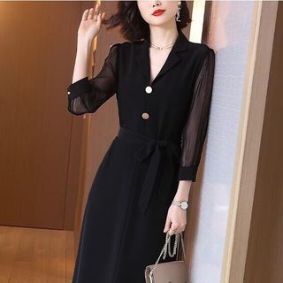 Đầm cổ vest tay voan sang trọng hàng cao cấp