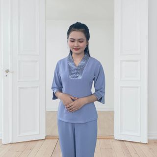 Đồ Lam Vải Đũi Cao cấp, Mẫu Cổ V Viền Phối Chất Vải Gấm Sang Trọng - M 387