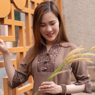 Đồ Lam Vải Đũi Cao cấp, Mẫu Cổ V Viền Phối Chất Vải Gấm Sang Trọng - M 387