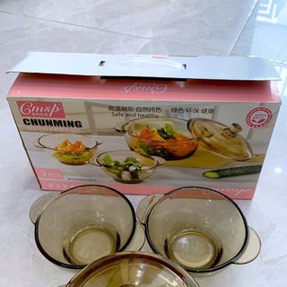 BỘ 3 NỒI VÀ CHÉN BÁT THỦY TINH TRONG SUỐT CHỊU NHIỆT CHUNMING - Bộ tô chén thuỷ tinh decor bàn ăn