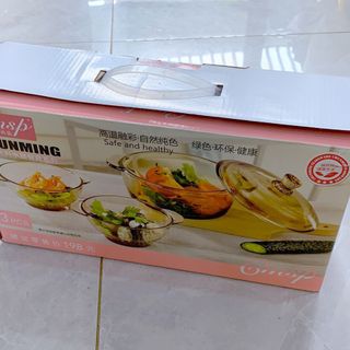 BỘ 3 NỒI VÀ CHÉN BÁT THỦY TINH TRONG SUỐT CHỊU NHIỆT CHUNMING - Bộ tô chén thuỷ tinh decor bàn ăn