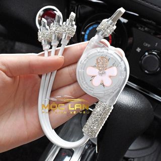Cáp điện thoại Đính Đá Thiên Nga,gấu Bearrick đa năng 3 đầu sạc dây rút 3 In 1 sạc nhanh 3A