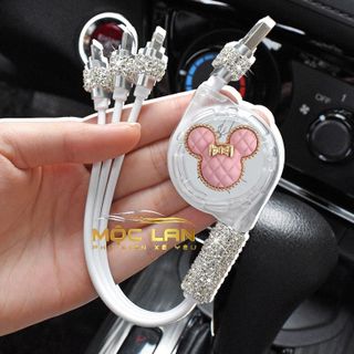 Cáp điện thoại Đính Đá Thiên Nga,gấu Bearrick đa năng 3 đầu sạc dây rút 3 In 1 sạc nhanh 3A
