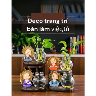 Bộ Tượng Chú Tiểu Kèm bình Thủy Sinh Trồng Cây Nuôi Cá,Trang Trí Ô Tô,Bàn Làm Việc,Tủ Sách ,Decor vv..