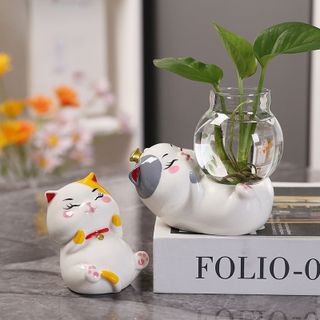 Bình thủy sinh trồng cây kèm tượng Mèo sứ 4 biểu cảm dễ thương trang trí bàn làm việc, bàn học,tủ kệ