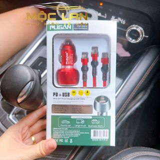 Tẩu sạc ô tô xe hơi PUGAN gồm 1 cổng USB-C tích hợp sạc nhanh và cổng USB 4.8A Tặng kèm dây sạc 3 đầu mẫu mới nhất
