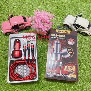 Tẩu Sạc Nhanh PUGAN 15A Kèm Dây Sạc 3 Đầu Cho Các Loại Điện Thoại Dùng Trên Ô Tô Tặng Kèm Dây Sạc 3 Đầu
