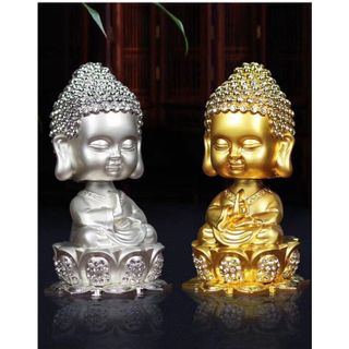Tượng Thích Ca Mâu Mạ Vàng Đính Đá Đầu Lò Xo Trang Trí Taplo,Bàn Làm Việc Mang Lại An Nhiên May Mắn
