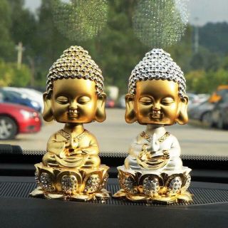 Tượng Thích Ca Mâu Mạ Vàng Đính Đá Đầu Lò Xo Trang Trí Taplo,Bàn Làm Việc Mang Lại An Nhiên May Mắn