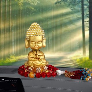 Tượng Thích Ca Mâu Mạ Vàng Đính Đá Đầu Lò Xo Trang Trí Taplo,Bàn Làm Việc Mang Lại An Nhiên May Mắn
