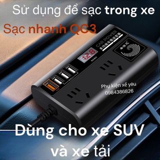 Tẩu Chuyển Đổi Điện Áp Xoay Chiều 12/24V DC sang 220V với màn hình led Kỹ Thuật Số 4 Usb Qc 3.0
