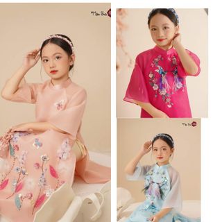 Sỉ số lượng lớn các mẫu bộ áo dài cách tân bé gái Mộc Trà các màu tơ ánh lót lụa đính kết cao cấp