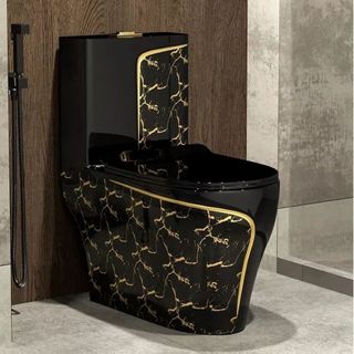 Bồn cầu 1 khối màu vàng đen kết hợp hoa văn độc đáo, thiết kế nghệ thuật
