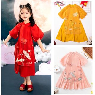 Cần Sỉ nhanh số lượng hàng sản xuất về đầy kho áo dài cách tân bé gái mẫu Hoa Sen