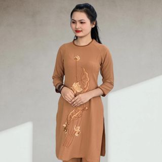 Bộ Áo Dài Cách Tân, Mẫu Thêu Hoa Sen Sang Trọng, Vải Đũi Thoáng Mát - M 011D