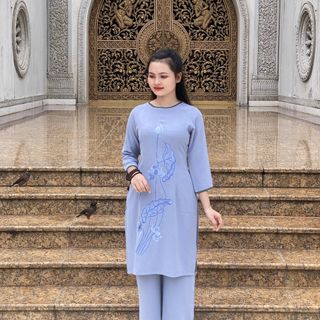 Bộ Áo Dài Cách Tân, Mẫu Thêu Hoa Sen Sang Trọng, Vải Đũi Thoáng Mát - M 011D