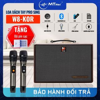 Loa Di Động Xách Tay Cao Cấp Prosing W8Kor Tích Hợp Vang Số, Chống Hú, Lọc Âm Bass 20cm Công Suất 150W - 350W Kèm 2 Micro - Tặng Bộ Pin Sạc B02