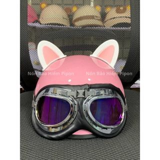 Nón bảo hiểm nửa đầu kính phi công kèm tai mèo thời trang, Mũ bảo hiểm cute tặng kèm sticker phù hợp cho cả nam nữ