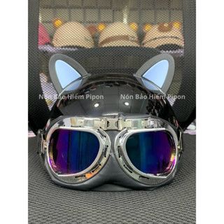 Nón bảo hiểm nửa đầu kính phi công kèm tai mèo thời trang, Mũ bảo hiểm cute tặng kèm sticker phù hợp cho cả nam nữ