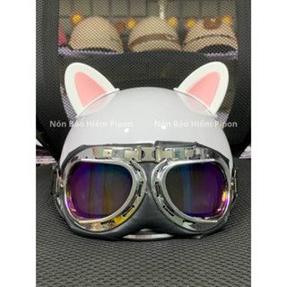 Nón bảo hiểm nửa đầu kính phi công kèm tai mèo thời trang, Mũ bảo hiểm cute tặng kèm sticker phù hợp cho cả nam nữ