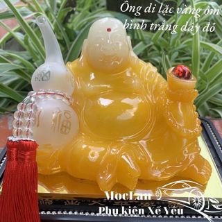 Tượng di lặc cầm hồ lô đặt táp lô xe ô tô biểu tượng cho sự an lạc, vui vẻ, may mắn chất liệu đá ngọc cao cấp