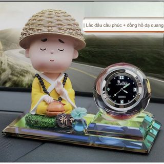 Trang trí taplo - Sét Tượng Tu sĩ bình an + đồng hồ pha lê có tặng nước hoa và thảm chống trượt