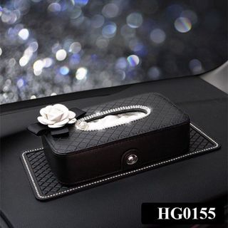 Hộp giấy ăn Hoa Trà trắng bọc da PU cao cấp đính đá để ô tô - hộp đựng giấy