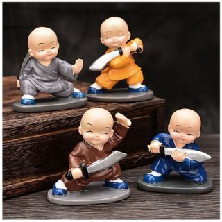 Bộ Tượng 4 Chú Tiểu Luyện Võ 4 MÀU, 4 Chú Tiểu Tập Võ, Múa Võ, Đánh Võ, Trang Trí ô tô, Bàn Làm Việc - Mộc Lan