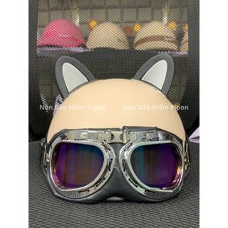 Nón bảo hiểm nửa đầu kính phi công kèm tai mèo thời trang, Mũ bảo hiểm cute tặng kèm sticker phù hợp cho cả nam nữ