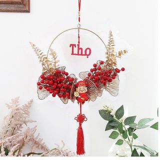 (Bán sỉ) Vòng hoa đào đông Phúc - Lộc -Thọ trang trí ngày Tết đem lại tài lộc, an khang Vòng đào đông TẶNG kèm đèn nháy.