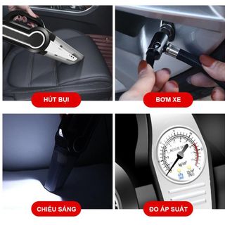Máy Hút Bụi Ô Tô - Máy Bơm Lốp Ô Tô - Đa Năng 4 Trong 1 - Hút Bụi, Bơm Lốp, Đo Áp Suất Lốp, Đèn Pin Chiếu Sáng