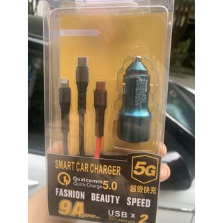 Tẩu sạc nhanh 9Acông suất 40W kèm dây sạc USB 3 đầu cho các loại điện thoại dùng trên ô tô xe hơi