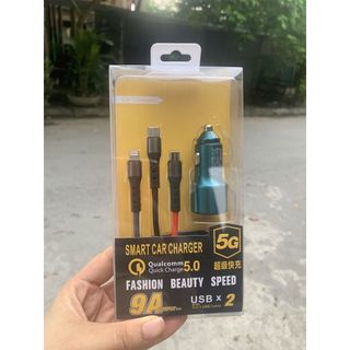 Tẩu sạc nhanh 9Acông suất 40W kèm dây sạc USB 3 đầu cho các loại điện thoại dùng trên ô tô xe hơi