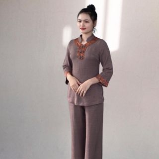 đồ lam đến chùa nữ cao cấp - vải đũi vân mây thoáng mát thấm hút tốt - SE58