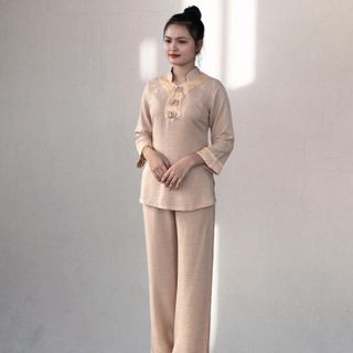 đồ lam đến chùa nữ cao cấp - vải đũi vân mây thoáng mát thấm hút tốt - SE58