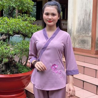 Áo Lam Đi Chùa, Cổ Nhật Phối Viền, Pháp Phục Huyền Trang - M 283 LỤA NHẬT