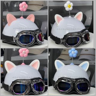Mũ bảo hiểm nửa đầu kính phi công kèm phụ kiện tai mèo 2 màu bông hoa , nón bảo hiểm kính phi công HTP chính hãng giá sỉ