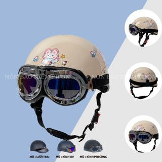 Nón bảo hiểm nửa đầu kính phi công HTP nhiều tem dễ thương , nón bảo hiểm kính phi công chính hãng HTP cao cấp