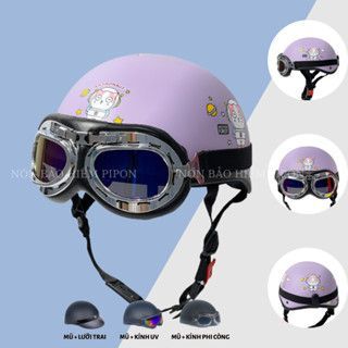 Nón bảo hiểm nửa đầu kính phi công HTP nhiều tem dễ thương , nón bảo hiểm kính phi công chính hãng HTP cao cấp
