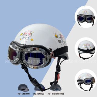 Nón bảo hiểm nửa đầu kính phi công HTP nhiều tem dễ thương , nón bảo hiểm kính phi công chính hãng HTP cao cấp