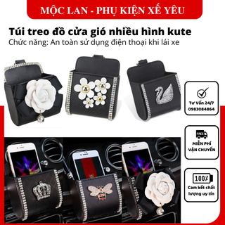 Túi để điện thoại cài cửa gió trên ô tô gắn vương miện thiên nga đính đá nhiều hình dễ thương - OTOFUNMOCLAN