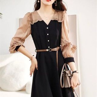 ĐẦM XÒE PHỐI MÀU CỔ SEN TAY DÀI - DT1776
